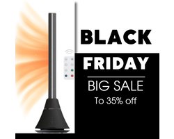BLACK FRIDAY (35% Korting) – BASOO BS-7100 Bladloze Ventilatortoren Zwart – 2-in-1 Slimme Verwarming & Koeling – Stille Ventilator met Afstandsbediening