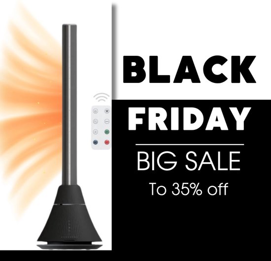 BLACK FRIDAY (35% Korting) – BASOO BS-7100 Bladloze Ventilatortoren Zwart – 2-in-1 Slimme Verwarming & Koeling – Stille Ventilator met Afstandsbediening