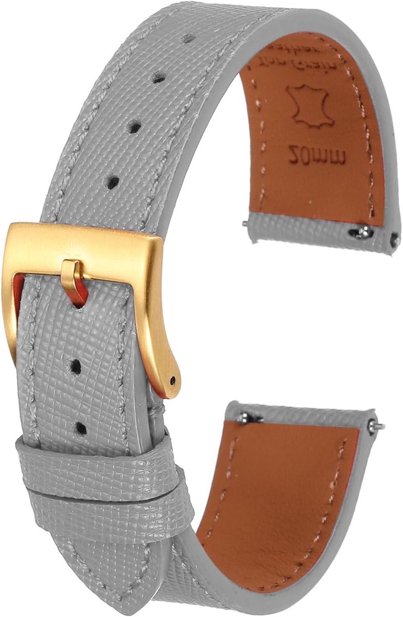 Leren horlogebandje met snelwissel, gouden gesp, grijs 21mm, voor mannen en vrouwen.