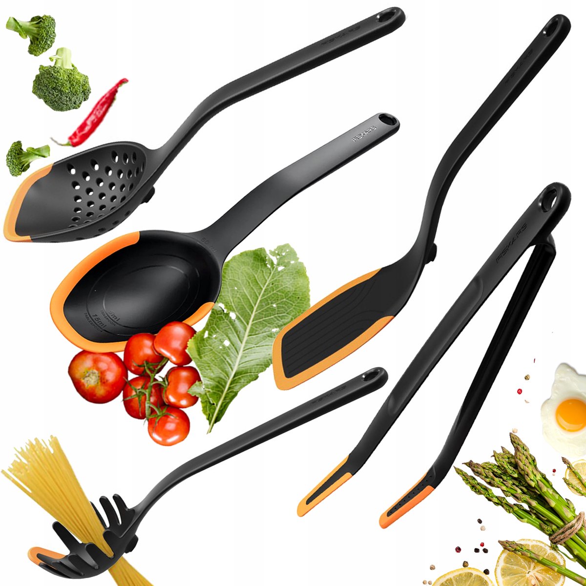 Fiskars Keukengerei Set 5 Delen: Spatel, Lepels & Tang