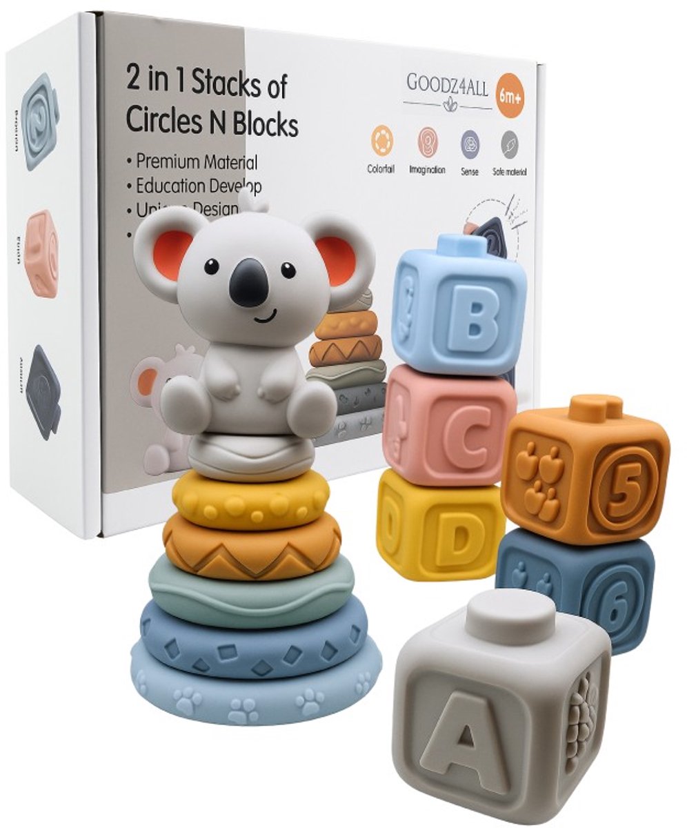 Goodz4All Stapelstenen met Koala Stapelblokken - Sensorisch Speelgoed - Stapeltoren - Babyspeelgoed Leer Vormen Letters Cijfers Kleuren Fruit