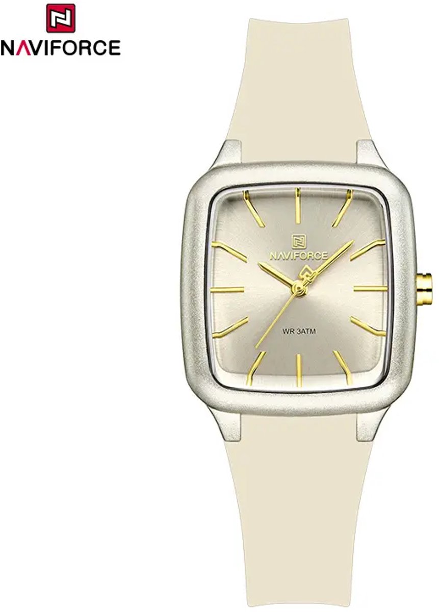 NAVIFORCE horloge met beige gefumeerde siliconen polsband, beige wijzerplaat, beige horlogekast en gouden wijzers voor dames met stijl ( model 5055 BGBG )
