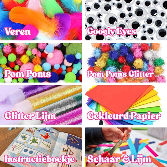 Collage van knutselmaterialen: veren, wiebelogen, pompons, glitterlijm, gekleurd papier, knutselboekje en schaar met lijm.
