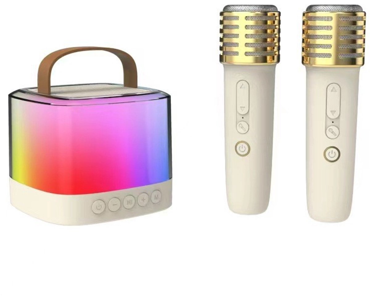 Kinder Mini Karaoke Machine - Draadloze Karaokeset - 2 Draadloze Microfoons - Bluetooth Speaker - LED Feestverlichting - 3.82"×3.82"×3.15"