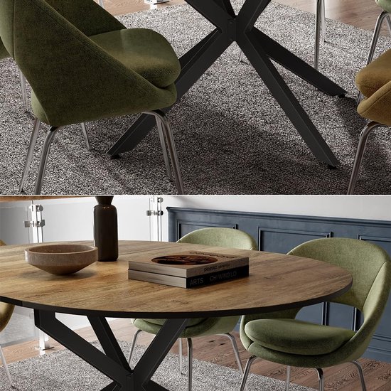Table de salle à manger ronde extensible moderne 120-160 cm, chêne noir et rustique, structure en acier, Durable et élégante – Perfect pour la Home, la Kitchen, le Office et les repas de famille – Meda Home Store