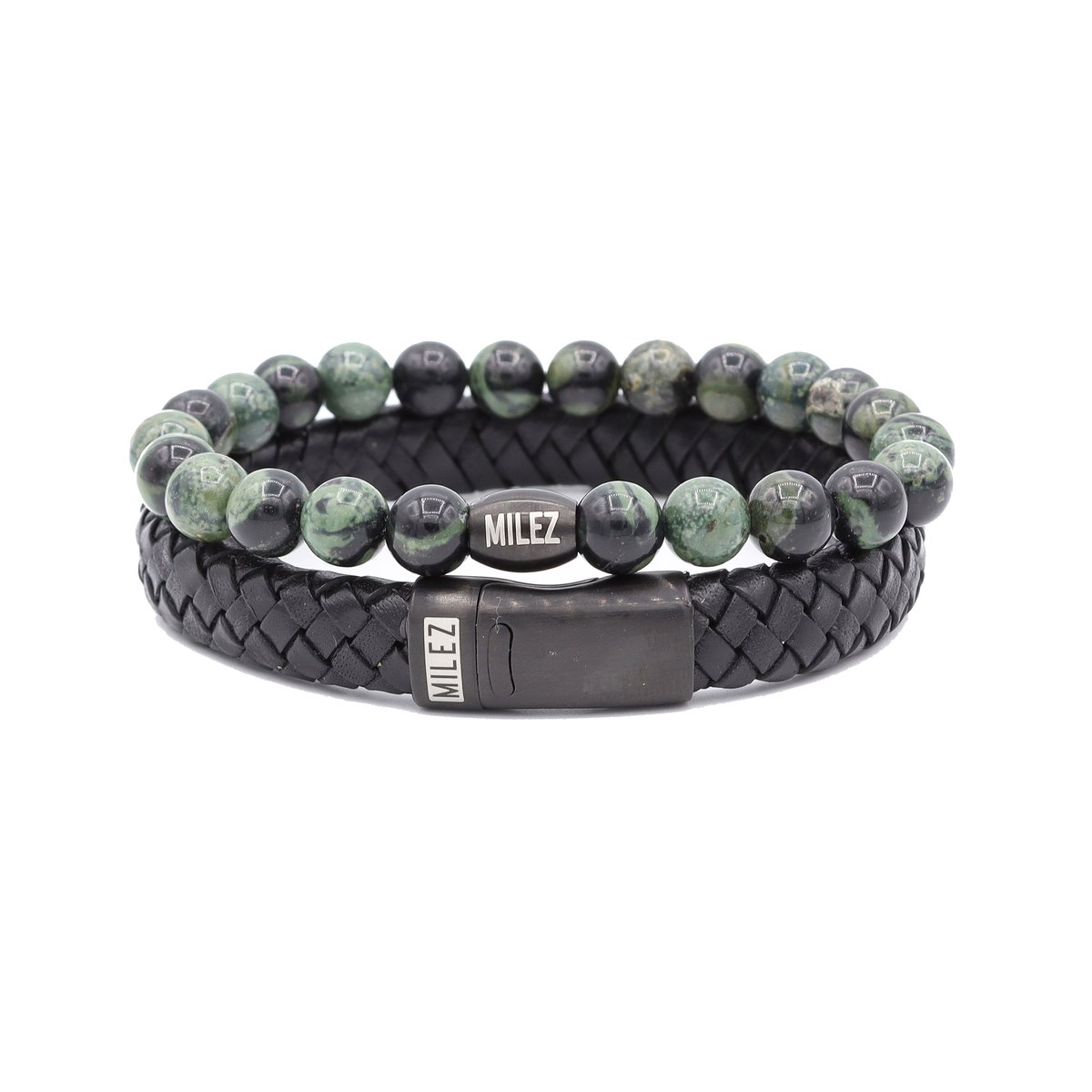 Milez - Armband set mannen - armband heren leer kralen - Zwart-Groen - Maat L