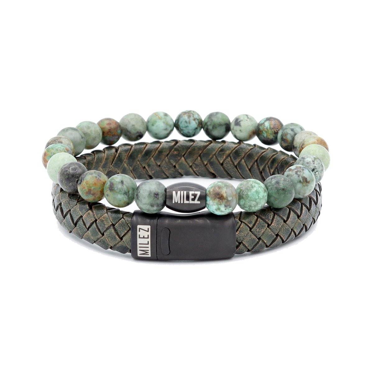 Milez - Armband set mannen - armband heren leer kralen - Groen - Maat M