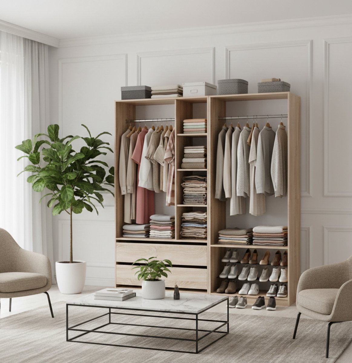 Kledingkast Set met Laden – - 100x200 cm - Eiken - – Houten Garderobekast 2-Delig – - Meda