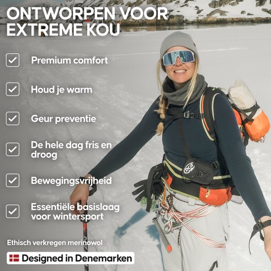 Vrouw in winterkleding met skiuitrusting, lachend, met Nederlandse tekst over functies.