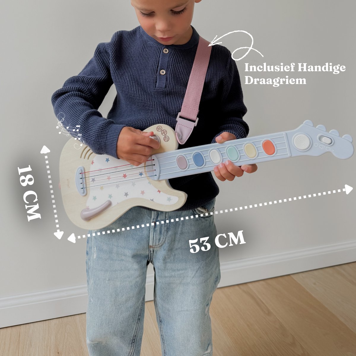 Elektrische Houten Speelgoedgitaar Kinderen - Muziek Speelgoed met Geluid, 3 Geluidsstanden & Volumeknop - Montessori Educatief Muziekinstrument vanaf 3 Jaar - Inclusief Draagriem - Ideaal Cadeau voor Peuters & Kleuters - Baby Doo — afbeelding 5