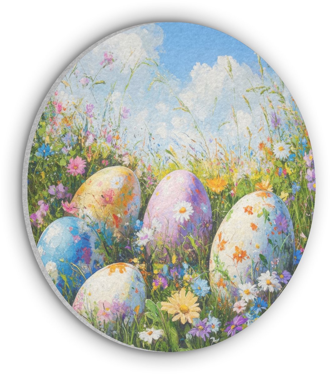 Akoestisch wandpaneel rond 90x90 cm - Vilt schilderij Grasveld - Eieren - Bloemen - Ronde akoestische panelen - Geluidsdempende wanddecoratie - Geluidsisolatie wandcirkel - Muurdecoratie geluidspanelen - Pasen - Paasdecoratie - Paas versiering