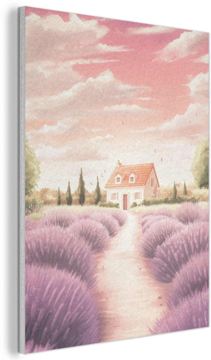 Akoestisch wandpaneel 70x100 cm - Vilt schilderij Lavendelveld - Huis - Paars - Akoestische panelen - Geluidsdempende wanddecoratie - Geluidsisolatie woonkamer - Muurdecoratie geluidspanelen