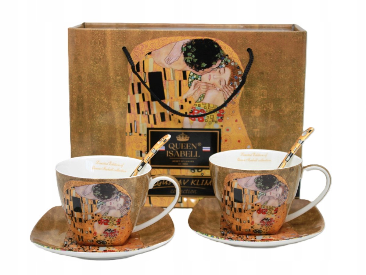 Gustav Klimt "De Kus" Kopjes Set 2x 250ml Bone China met Schotels & Lepels