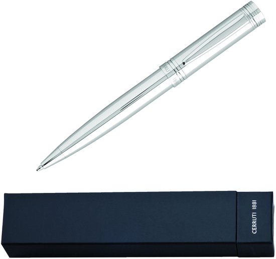 Zilverkleurige Cerruti 1881 pen met '1881' inscriptie, in een zwarte geschenkdoos.