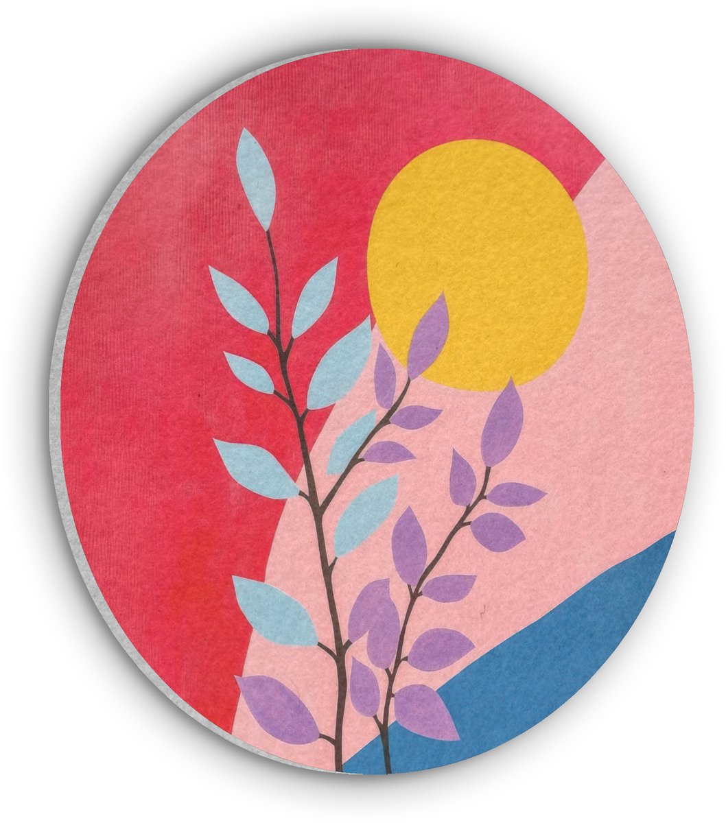Akoestisch wandpaneel rond 70x70 cm - Vilt schilderij Bladeren - Zon - Abstracte vormen - Ronde akoestische panelen - Geluidsdempende wanddecoratie - Geluidsisolatie wandcirkel - Muurdecoratie geluidspanelen