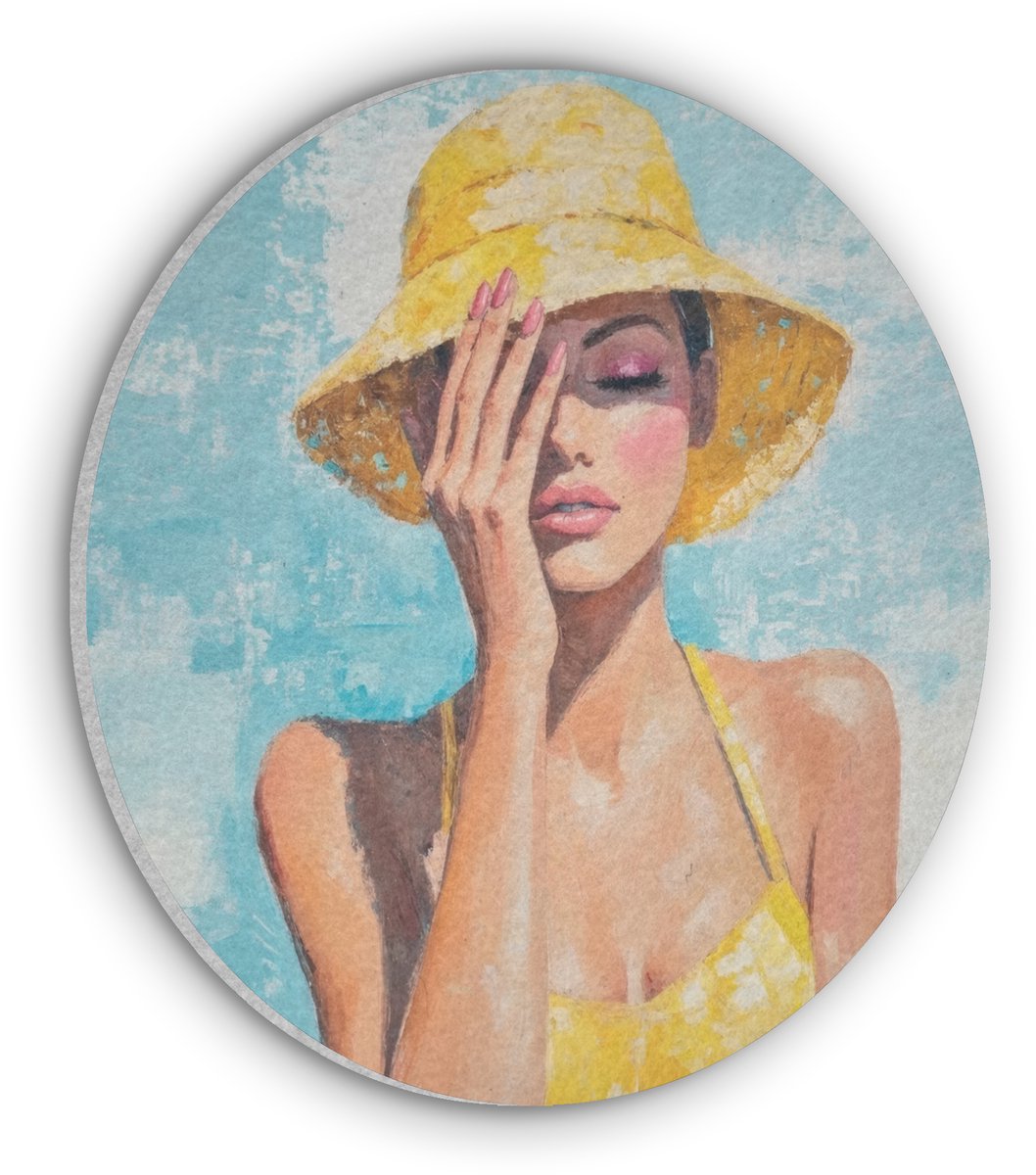 Akoestisch wandpaneel rond 30x30 cm - Vilt schilderij Schilderij - Vrouw - Hoed - Geel - Ronde akoestische panelen - Geluidsdempende wanddecoratie - Geluidsisolatie wandcirkel - Muurdecoratie geluidspanelen