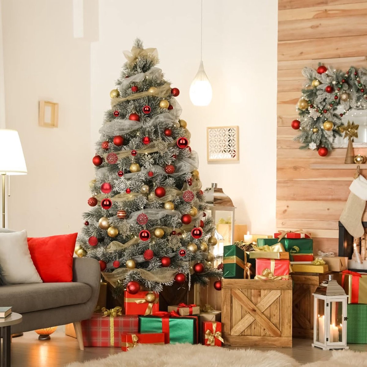 Kerstballen Set - Rode Breekvrije Kerstversiering - Kunststof Hangende Kerstballen - Veelzijdige Kerstboom Decoratie - Feestelijke Sfeer voor Binnen en Buiten - 100 Stuks – foto 2