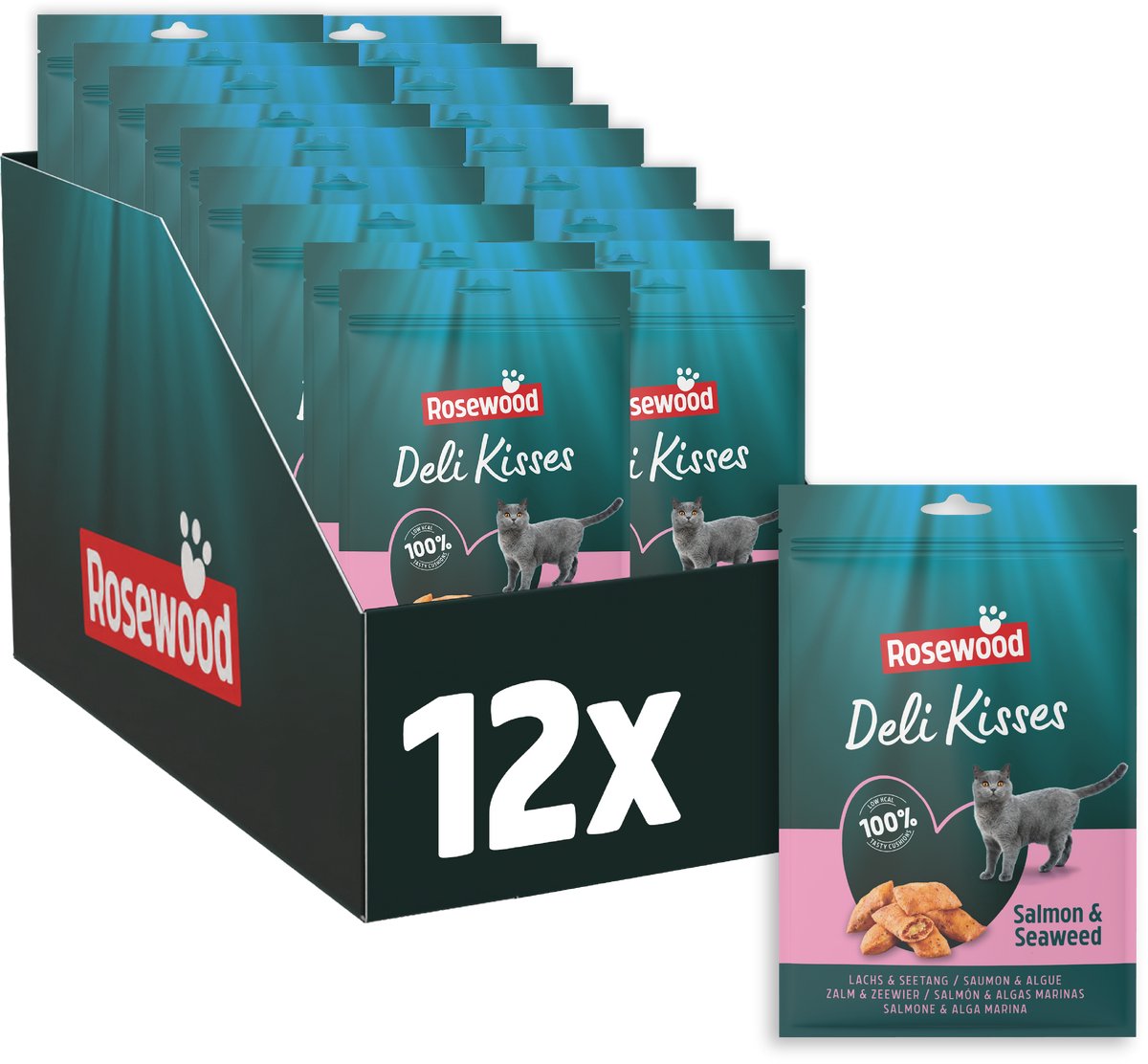 Rosewood Deli Kisses Zalm & Zeewier - Kattensnack met Zalm - Zonder Toegevoegd Zout of Suiker - 12 zakjes à 60g