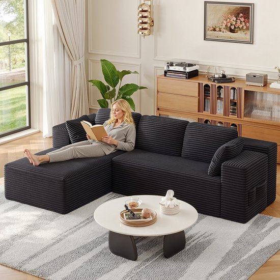 Hoekbank, L-vorm, met USB, uitschuifbaar bed met slaapfunctie, 3