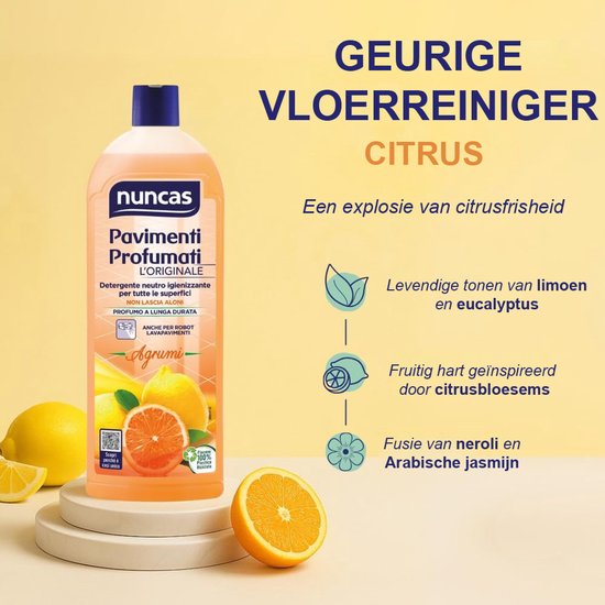 Nuncas vloerreiniger met citrusgeur. Geeft de levendige tonen van limoen en eucalyptus aan.