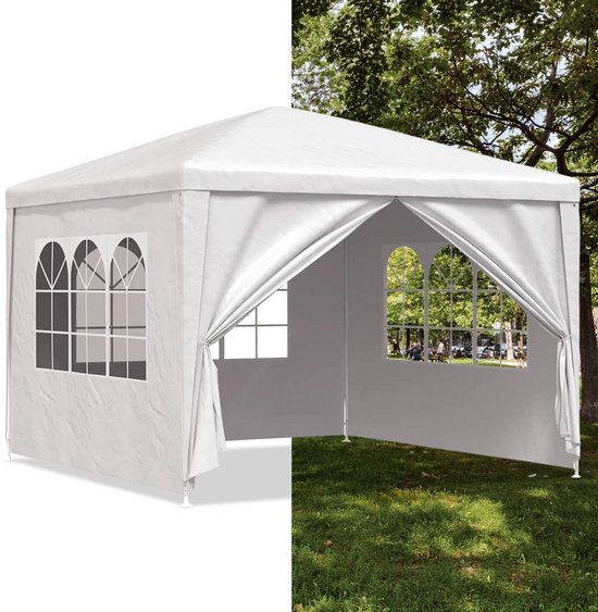 Tente de réception pliante - Pavillon - 3 x 3 m - Montage facile - Étanche - Avec parois latérales - Résistant aux intempéries - Wit
