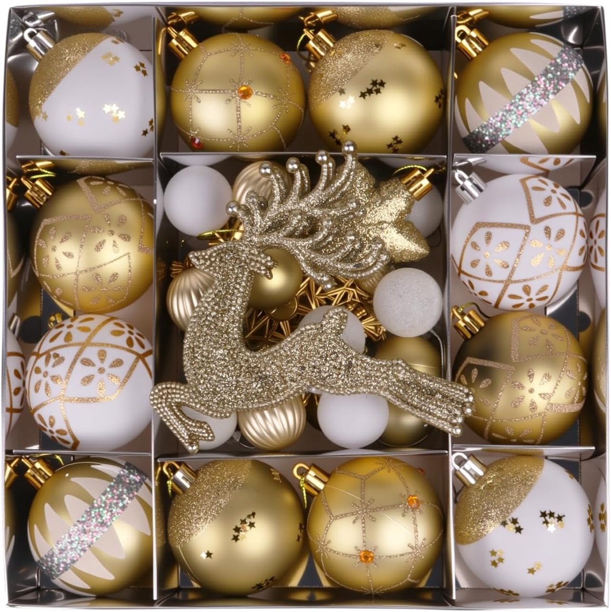 Wit & Goud Kerstbal Set - 2025 Breekvrije Kerstboom Versiering - Retro Kerstballen - Klassieke Hangende Decoratie - Kerstversiering voor Binnen - Feestelijke Sfeer - Wit/Goud -45 Stuks