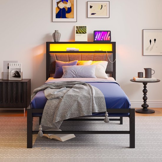 REXO Bedframe met ledverlichting en 2 laden, gestoffeerd bed, eenpersoonsbed, in hoogte verstelbaar hoofdeinde, lattenbodem van hout, grijs (zonder matras) (90 x 200 cm