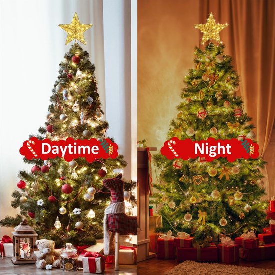 Gouden ster piek op een kerstboom, getoond overdag en 's nachts met kerstversiering.