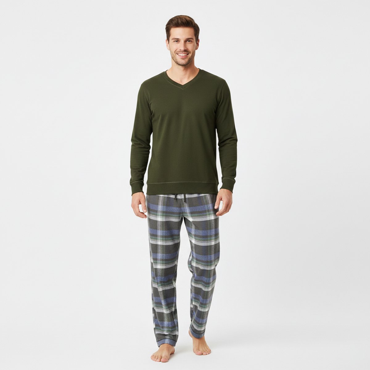 La V pyjamaset voor heren met geruite flanel broek met V hals top Groen M