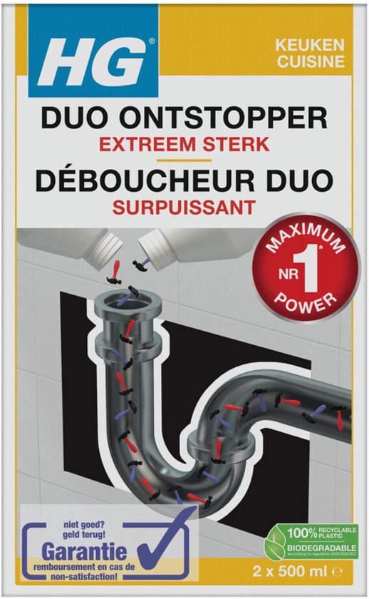 HG Duo Ontstopper met "Maximum Nr 1 Power" vermelding. Twee flessen legen in een gootsteenafvoerbuis met blokkades. Garantie, recyclebaar.