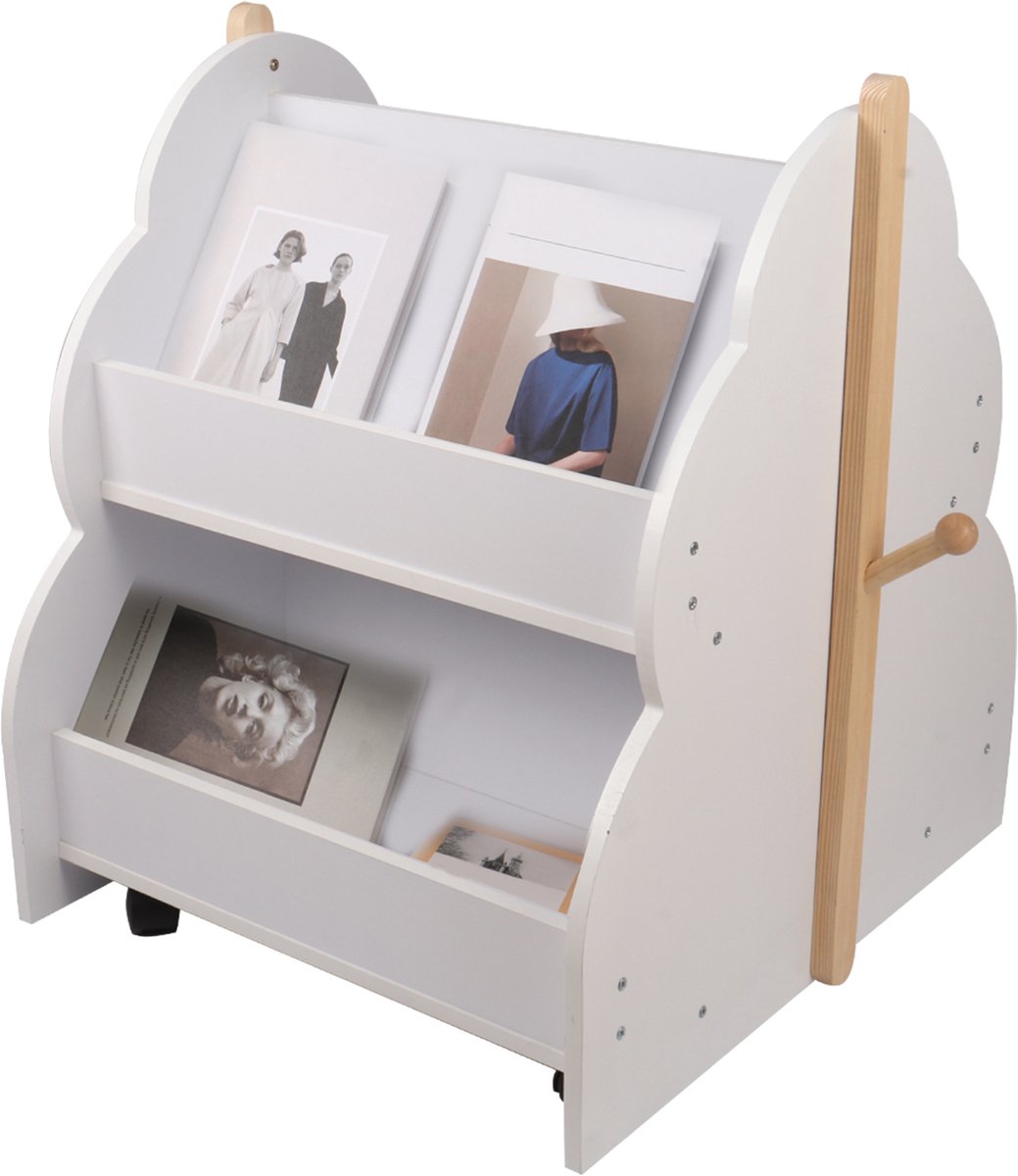 PIPIPOXER Kinderboekenkast op wielen, 2 niveaus, speelgoedkast, opbergplank voor kinderen, 50×54×61cm Wit