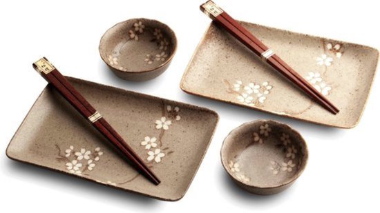 WESTCRAFT JAPAN ORIENTAL SUSHI bordenset, sushi-serviesset, meerdelige complete sushi-set voor 2 personen, sushi-borden, kommen en eetstokjes in Japanse kleuren en designs, zwart (Hana zwart