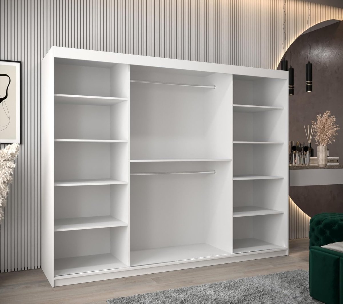 Moderne Verona 2 Schuifdeurkast 250 cm met Spiegel, Kledingroede en Planken – Grote Slaapkamerkast met 3 Schuifdeuren, Opbergoplossing voor Kleding en Accessoires – Mat Wit