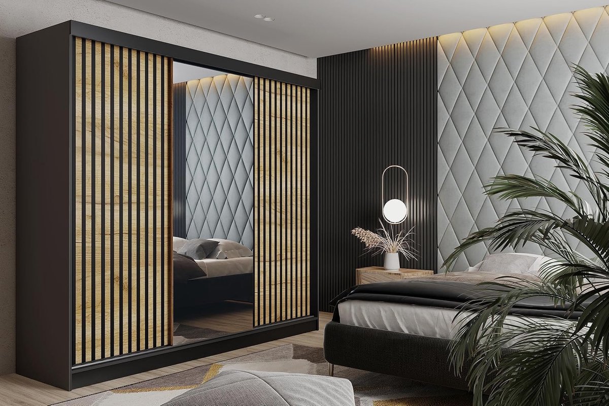 Modern Multifunctional Sliding Door Wardrobe MALANI 200 200x205x59 cm with Mirror – Elegant Living Room and Bedroom Wardrobe – Graphite & Craft Oak Gold
