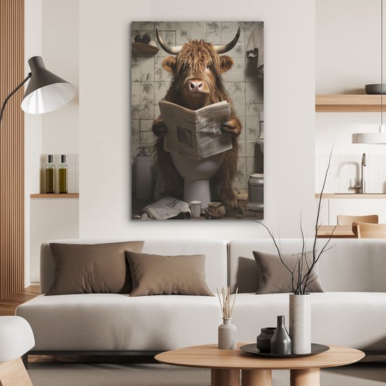 Akoestisch wandpaneel 70x100 cm - Vilt schilderij Schotse hooglander - Toilet - Krant - Badkamer - Akoestische panelen - Geluidsdempende wanddecoratie - Geluidsisolatie woonkamer - Muurdecoratie geluidspanelen