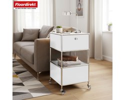 FLOORDIREKT Metalen Rek Concept Epure MK-145 - Rolcontainer Met 3 Verdiepingen, Lade & Legplanken - 40 x 69 x 40 cm - Wit -Verkrijgbaar in Verschillende Kleuren - Metalen Rek in Modern Design - Rek Voor Woonkamer, Kantoor & Hal