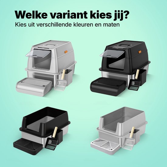 Jake and Jacky RVS Kattenbak - Kattentoilet Roestvrijstaal - Incl. Kattenbakschep met Houder en Gritopvang Opstapje - 2 in 1 Open Kattenbak met Afneembare Deksel - 60x40x38cm - Grijs