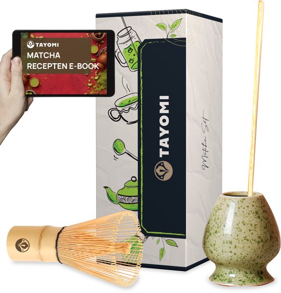 Tayomi Matcha Set van 3 – Complete Matcha Thee Set Met Klopper Whisk, Houder en Lepel – Inclusief Recepten E-book – Matcha Leaf – Cadeauverpakking