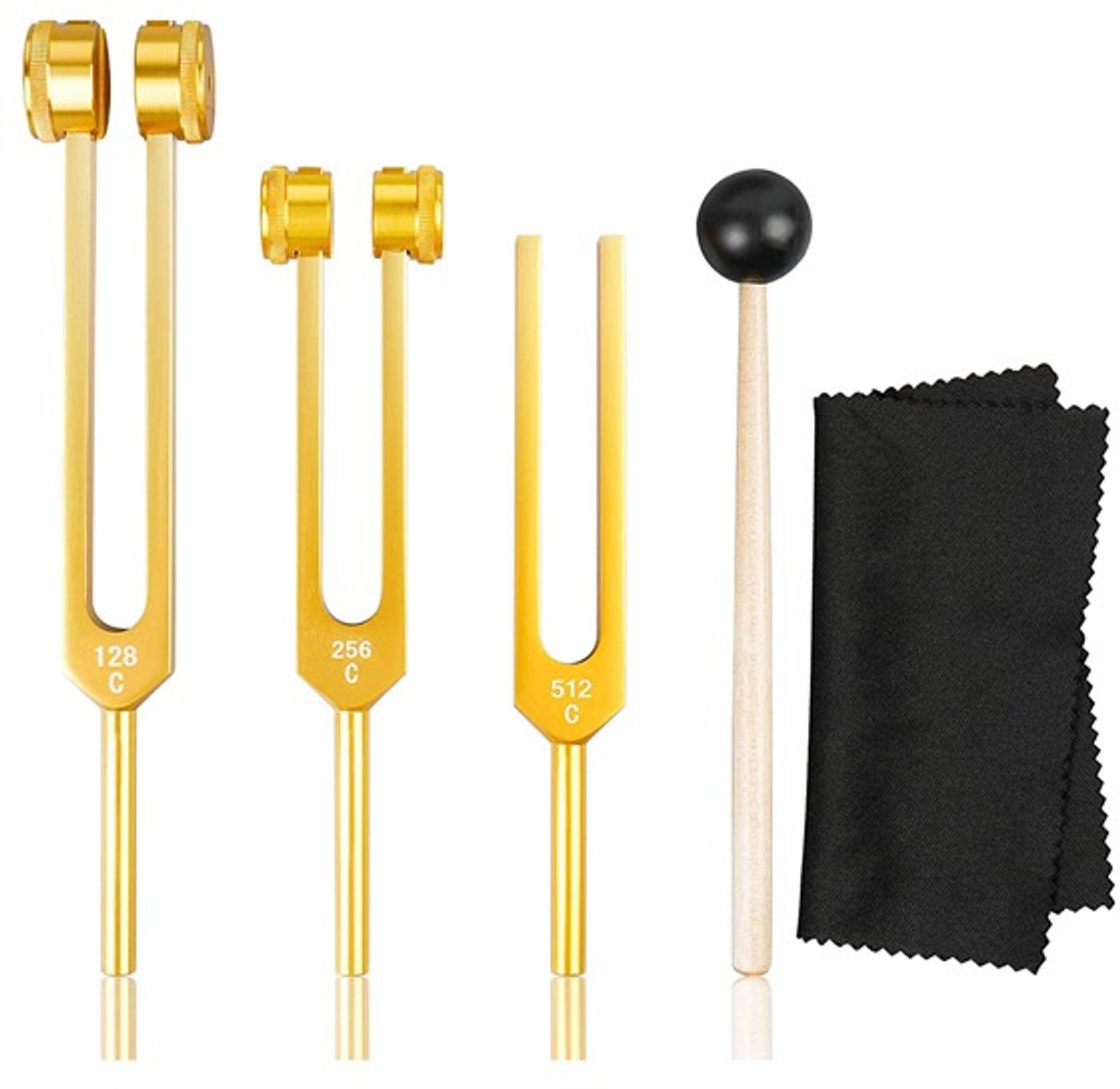 Stemvorkset - Stemvorken zijn ideaal voor genezing, chakra's, klanktherapie en het behouden van een perfecte harmonie van geest, lichaam en ziel - Set klanktherapie-instrumenten - Geschikt voor meditatie en genezing - Goud 128+256+512+Stemhamers