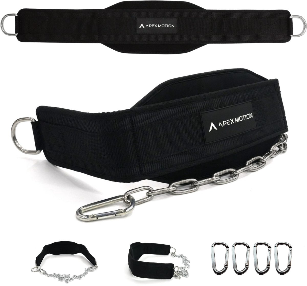 APEX MOTION Dip Belt – Weight Belt tot 1000KG – One Size Fits All – 100cm Stalen Ketting – 4 Karabijnhaken – D-Ringen – Full Black