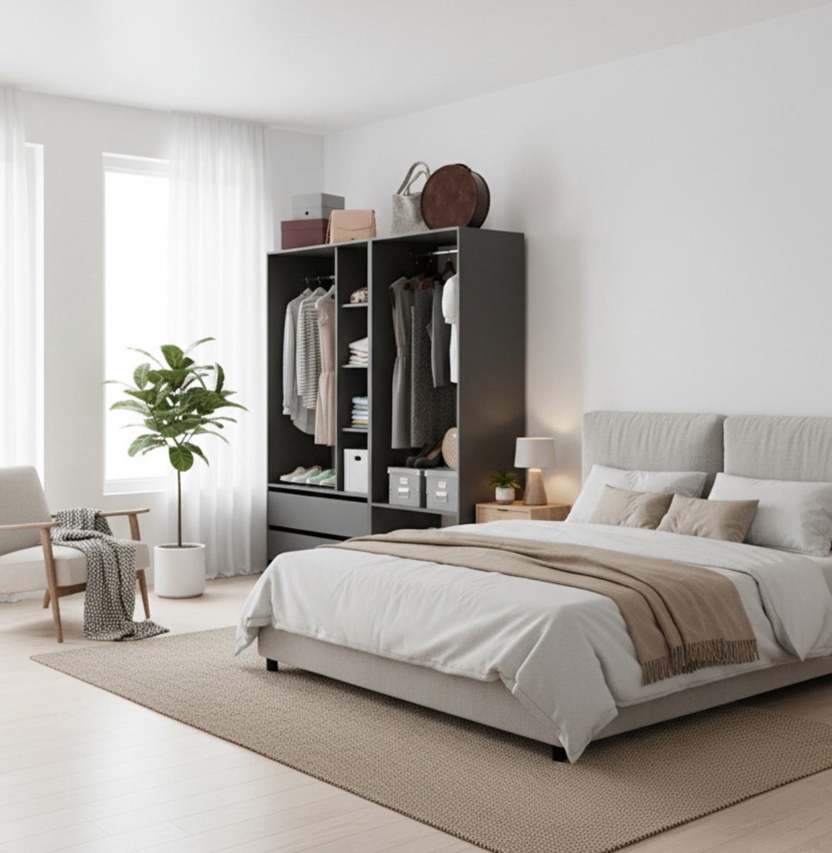 Garderobekast Set van 2 – Moderne Antraciet Kledingkasten 100x200 cm – Opbergkast Slaapkamer met Laden en Metaal Kledingstang – Medahomestore
