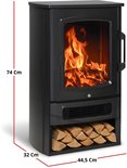 Zwarte sfeerhaard van 74 cm hoog, 44,5 cm breed en 32 cm diep. Heeft een deur, houtvak en radiator.
