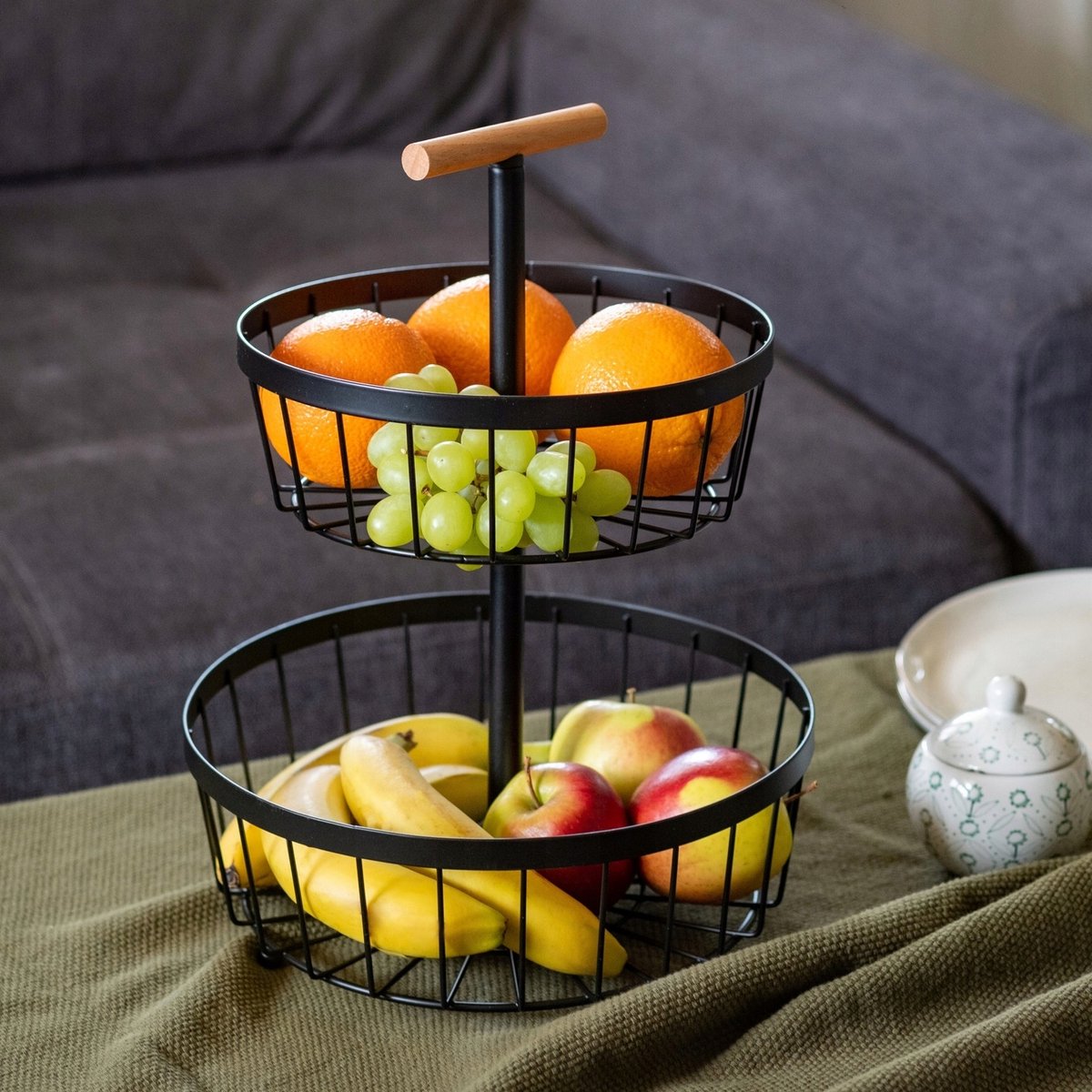 Dubbele Fruitmand Metaal Zwart met Houten Handvat - Stijlvolle Keuken Organizer