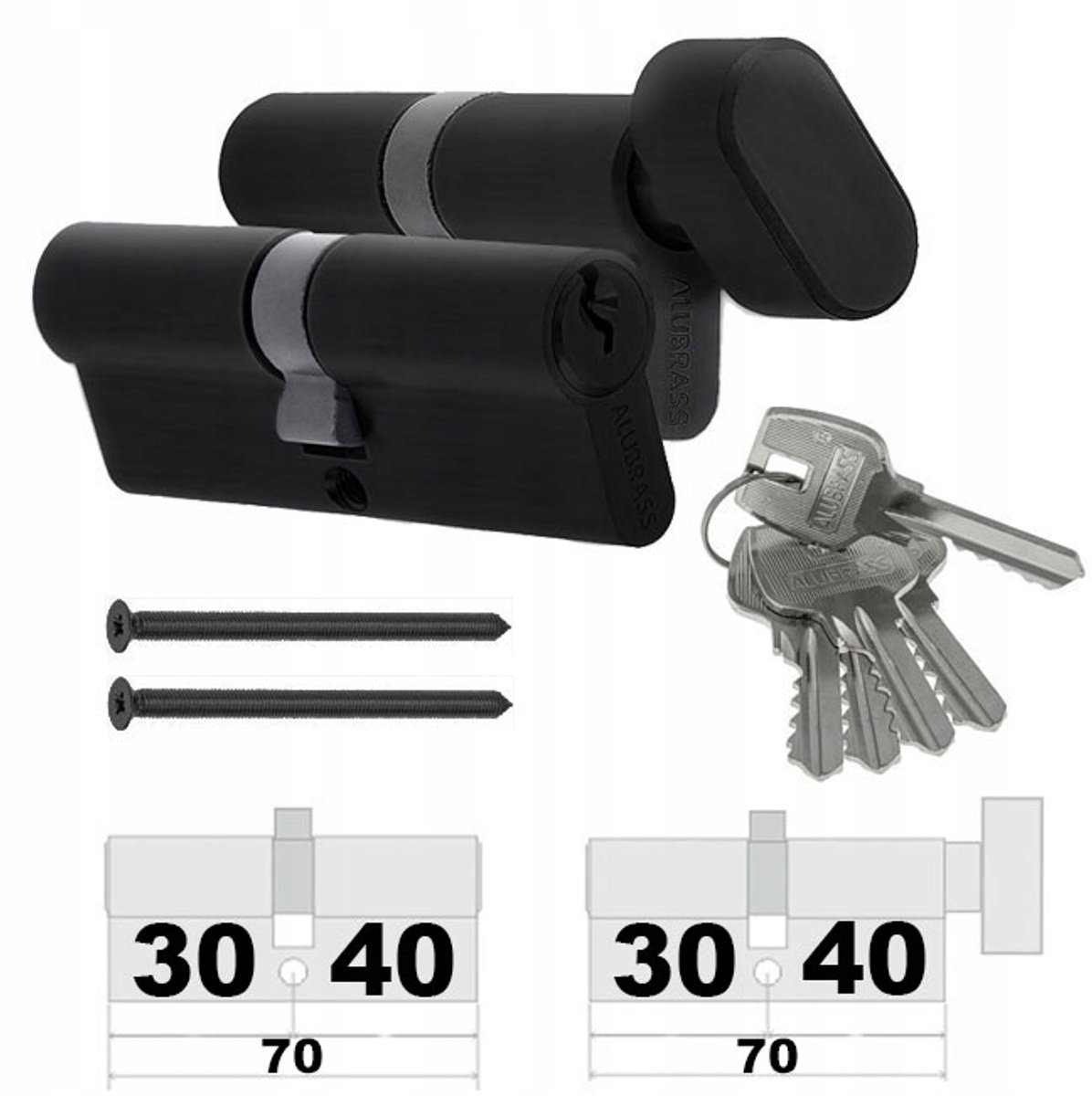 Set van 2 zwarte deursloten met 5 sleutels, 30/40 + 40/30