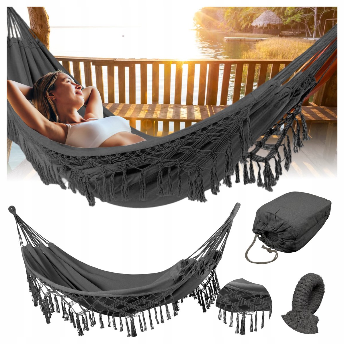 Dubbele XL Boho Hamak Antraciet - 220kg Draagvermogen & Schoffels