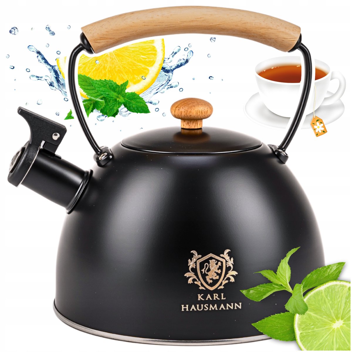 Karl Hausmann Stalen Ketel 2.5L Zwart met Fluitje & Houten Handvat - Inductie