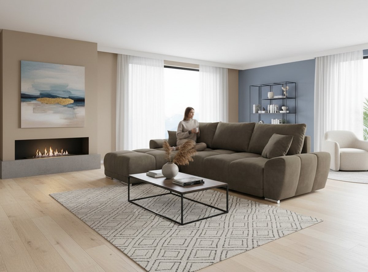 Hoekbank Slaapbank met Opbergruimte – Luxe L-Vorm Velvet Bank 289 x 189 cm – Uittrekbare Slaapbank met Kussens & Bedfunctie – Beige – Medahomestore
