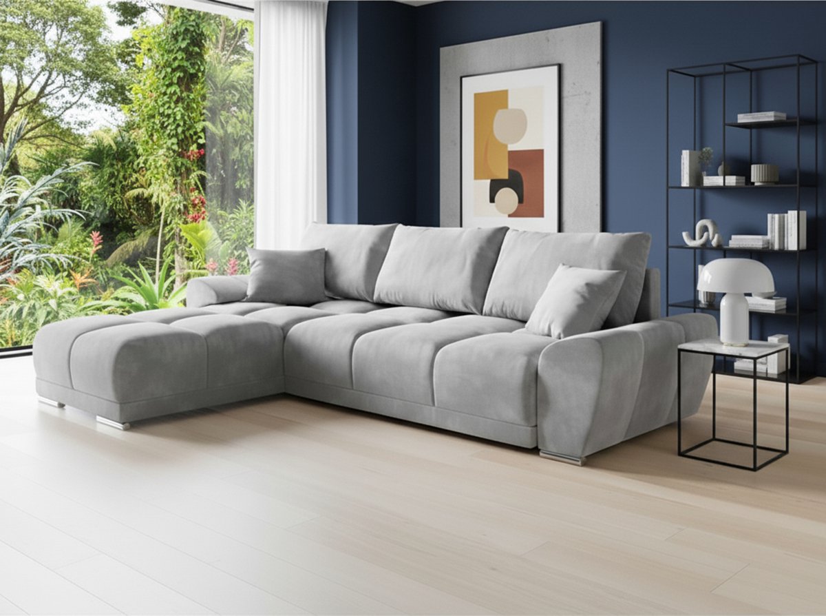 Hoekbank Slaapbank met Opbergruimte – L-Vormige Fluwelen Slaapbank 289 x 189 cm – Luxe Uittrekbare Hoekbank met Bedfunctie & Kussens – Lichtgrijs – Medahomestore