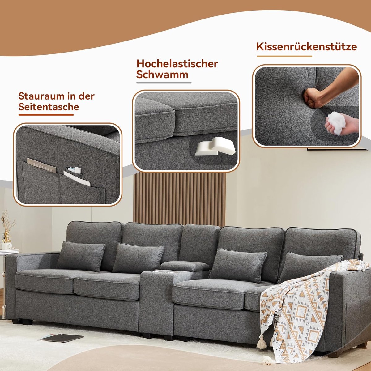 4-Zits Bank van Linnenstof met Console, 2 USB-Aansluitingen, 2 Bekerhouders en 4 Kussens – Luxe Moderne Sofa met Opbergruimte voor Woonkamer, Donkergrijs Linnen – Medahomestore
