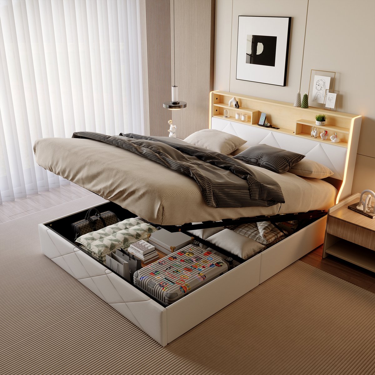 Tweepersoonsbed 160x200 cm – Hydraulisch Opbergbed met LED, USB & Type-C, Hoofdbord met Op